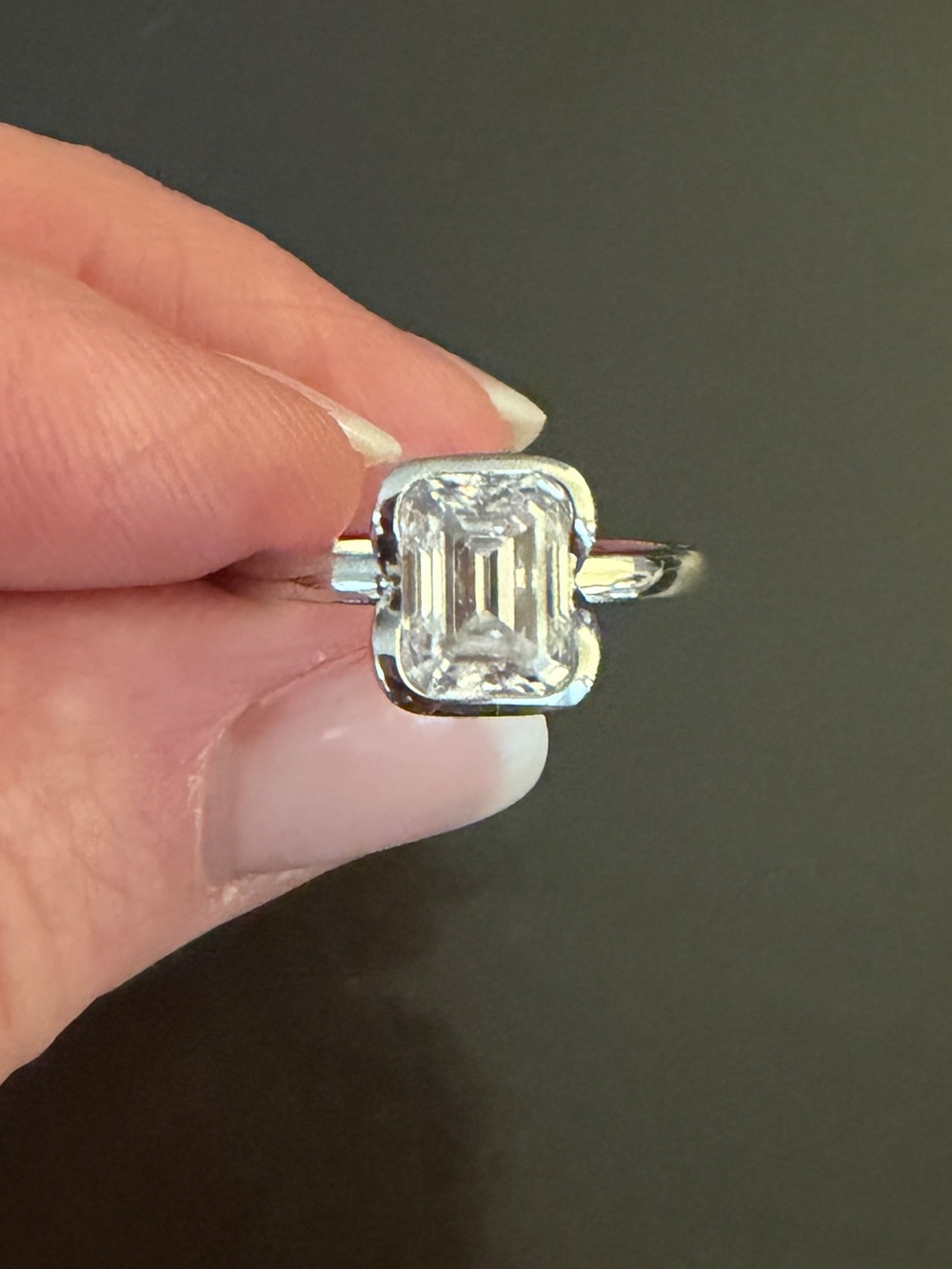 2 CT Emerald Cut Solitaire Moissanite, SZ 8, Set in Sterling Silver Custom Band.